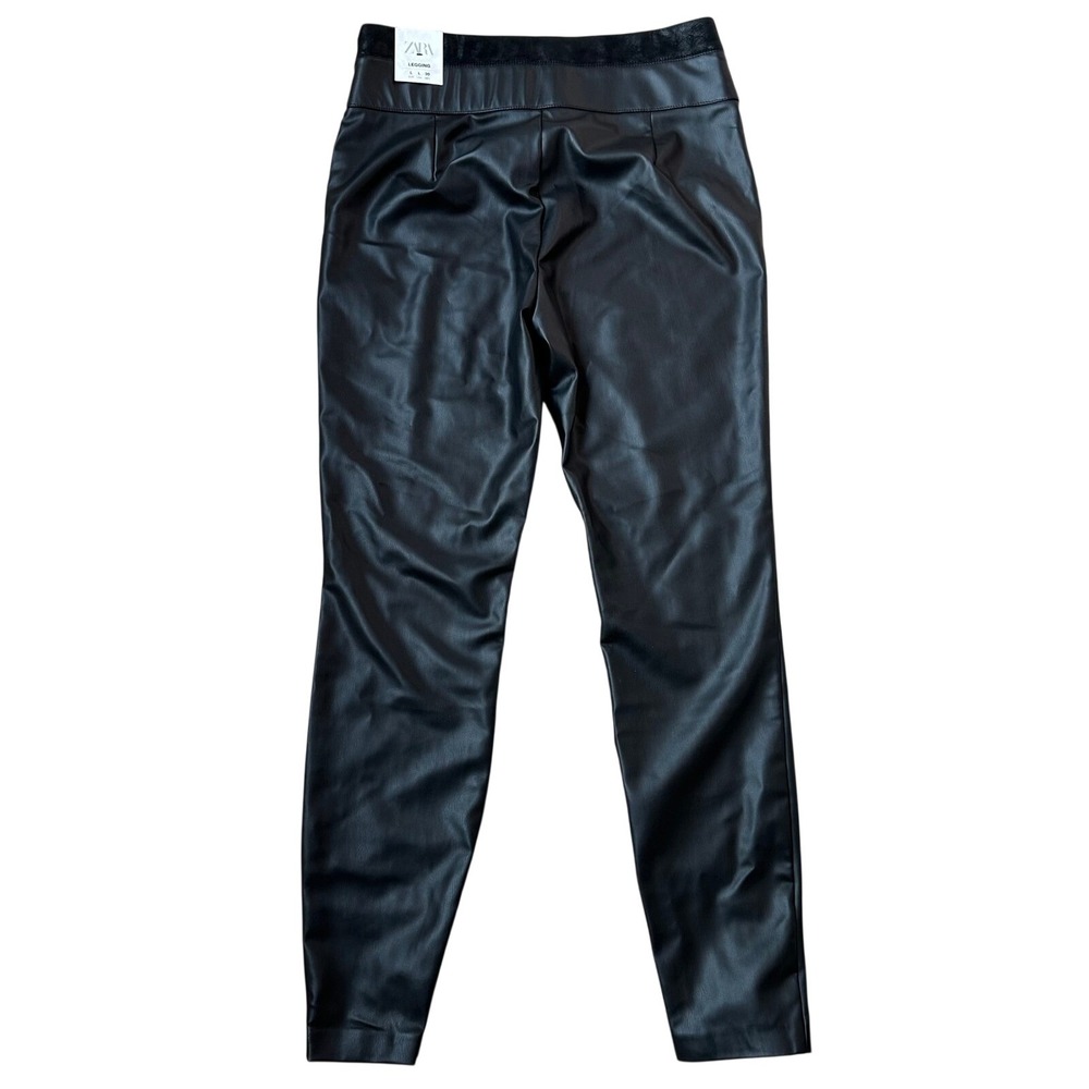 NWT Zara Faux Leather Leggings Womens Large Black High Rise Edgy Moto Zip Hem - Picture 2 of 9